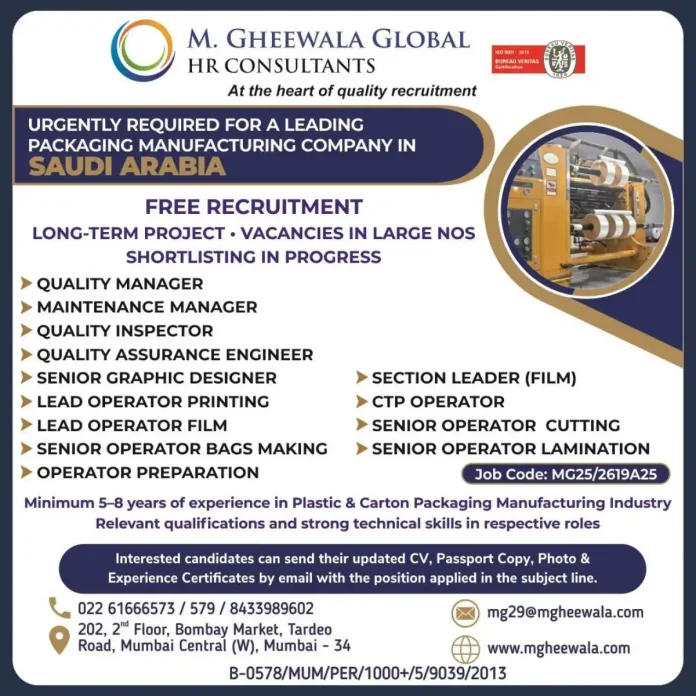 M. GHEEWALA HR Consultants Packaging Job Recruitment