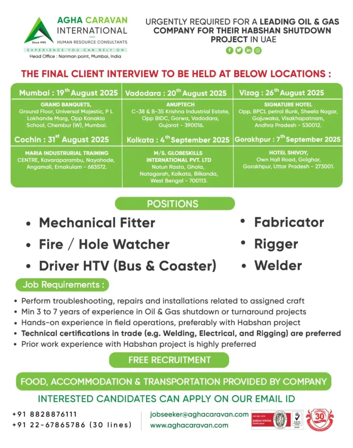 AGHA CARAVAN Recruitment for Oil and Gas Jobs