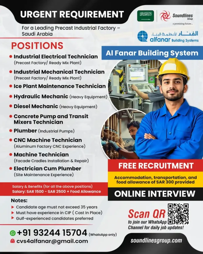 Industrial Technician Jobs at Al Fanar Building Systems in Saudi Arabia