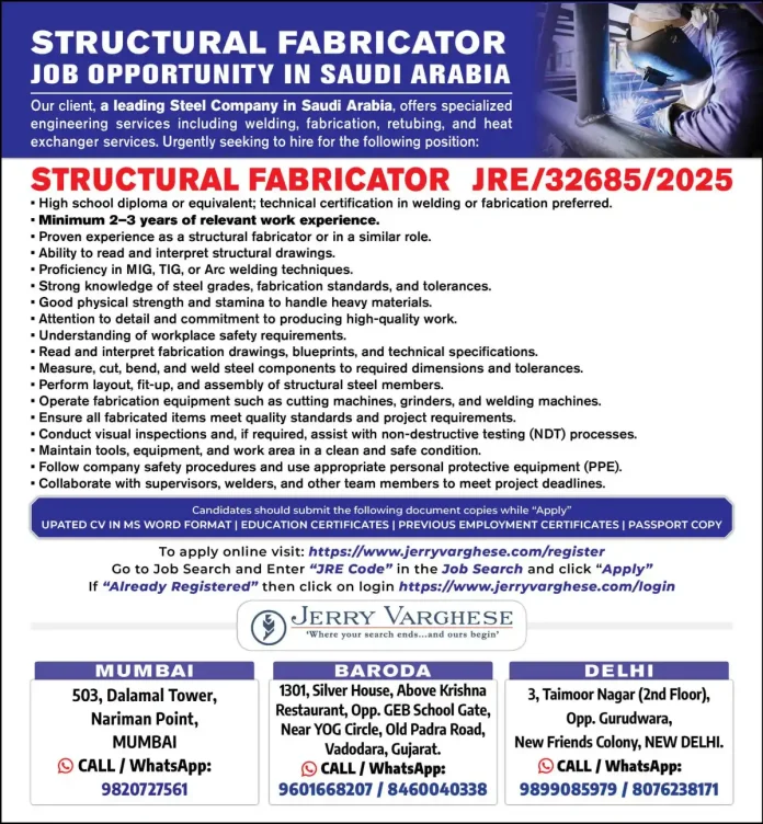 Structural Fabricator Job Opportunity in Saudi Arabia