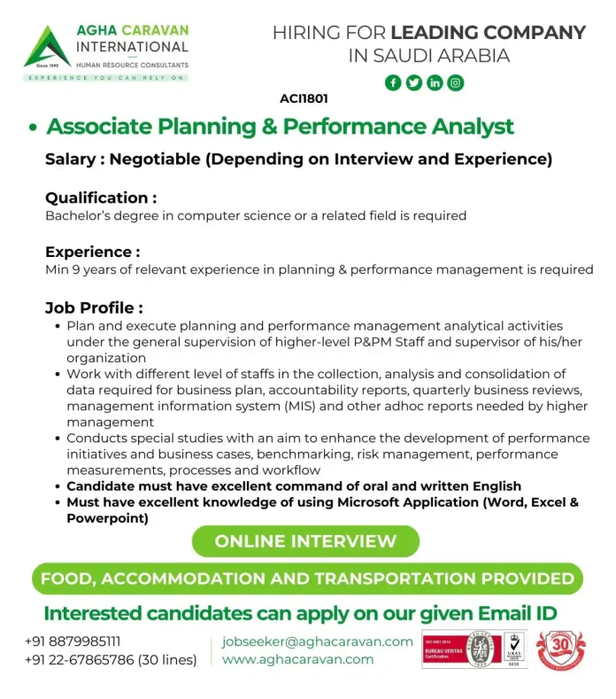 Associate Planning Performance Analyst Job Opportunity in Saudi Arabia