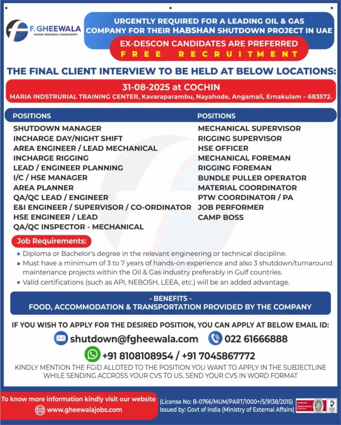 Oil and Gas Job Recruitment for UAE Project