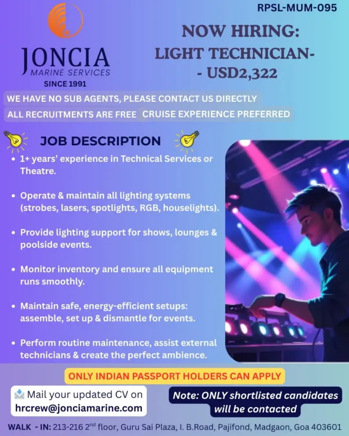 Light Technician position at JONCIA MARINE SERVICES for cruise events