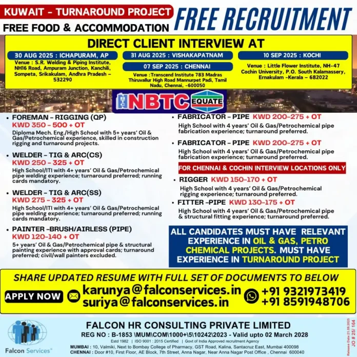 Falcon Services Recruitment for Kuwait Turnaround Project