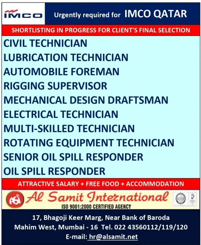 IMCO Qatar Recruitment for Technical Positions