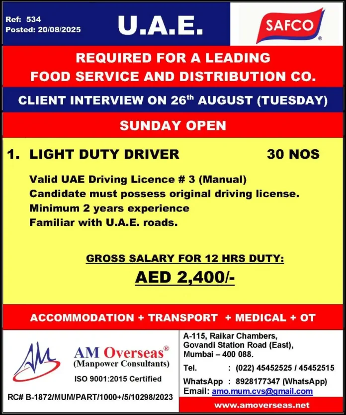 Light Duty Driver Job Opportunity in UAE with SAFCO