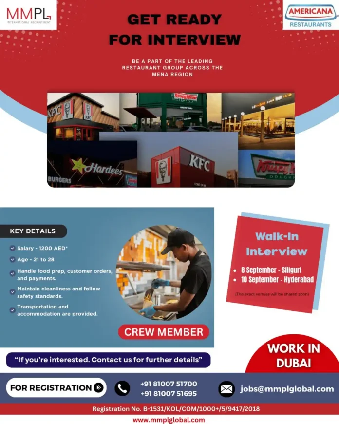 KFC Crew Member Job Opportunity in Dubai with MMPL Recruitment