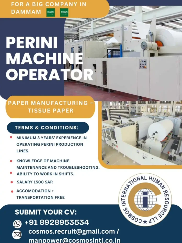 Perini machine operator working on a tissue paper production line in a manufacturing plant