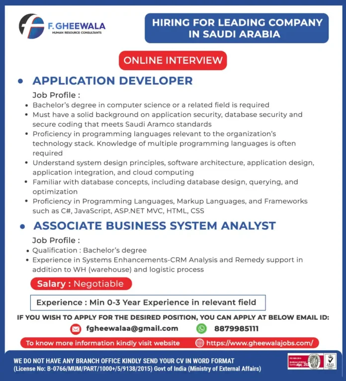 F Gheewala HR Consultants Job Hiring for Saudi Arabia IT Positions