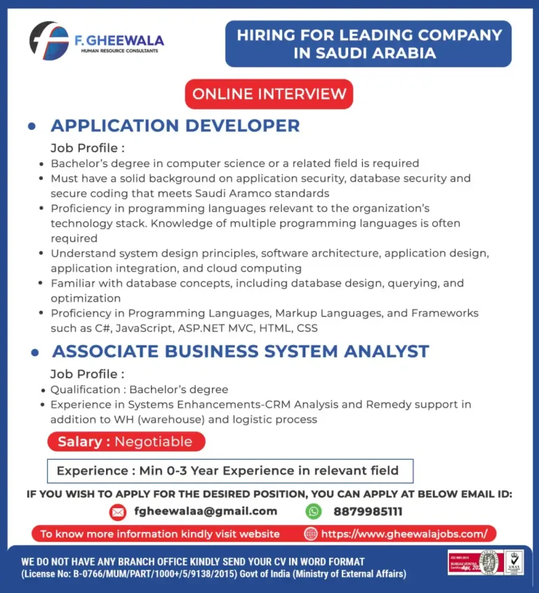 Hiring Application Developer and Business System Analyst for Leading Company in Saudi Arabia