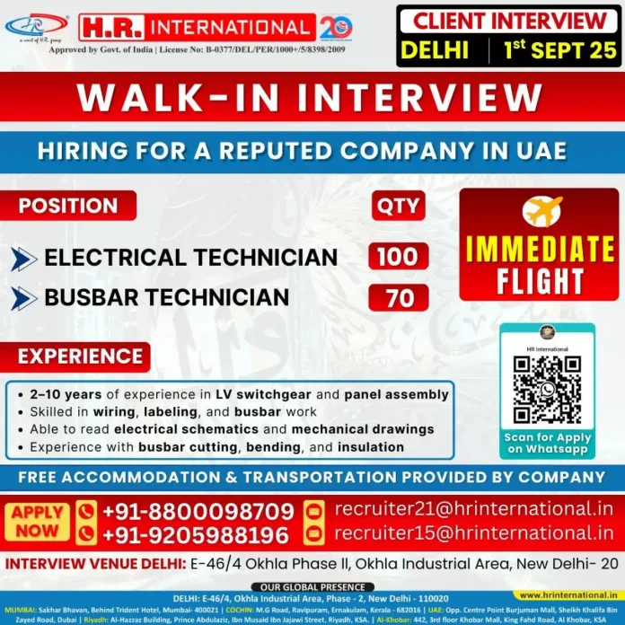 HR International Recruitment for Electrical and Busbar Technicians in UAE