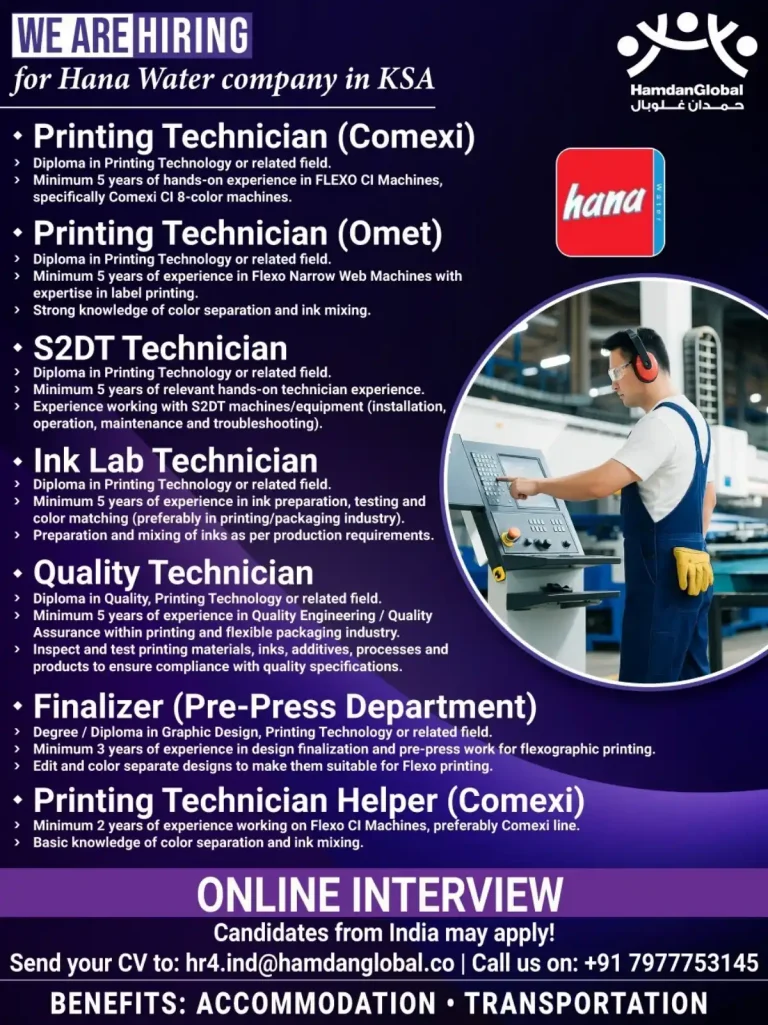 Hiring Printing Technicians and Technical Staff for Hana Water in KSA