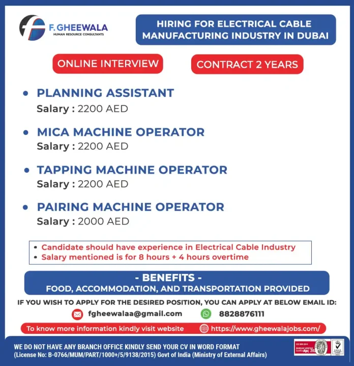 Electrical Cable Manufacturing Jobs in Dubai by F. GHEEWALA HR Consultants