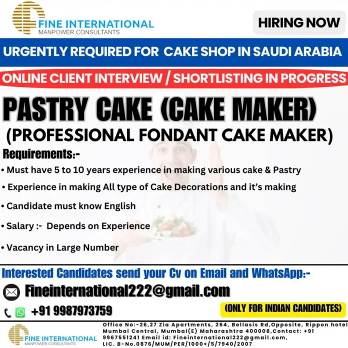 Fine International Manpower Consultants Cake Maker Job Hiring