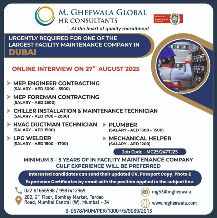 M. GHEEWALA GLOBAL HR Consultants Recruitment for Dubai Jobs