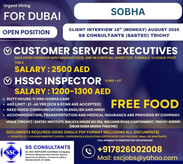 SOBHA Dubai Recruitment Drive at Trichy