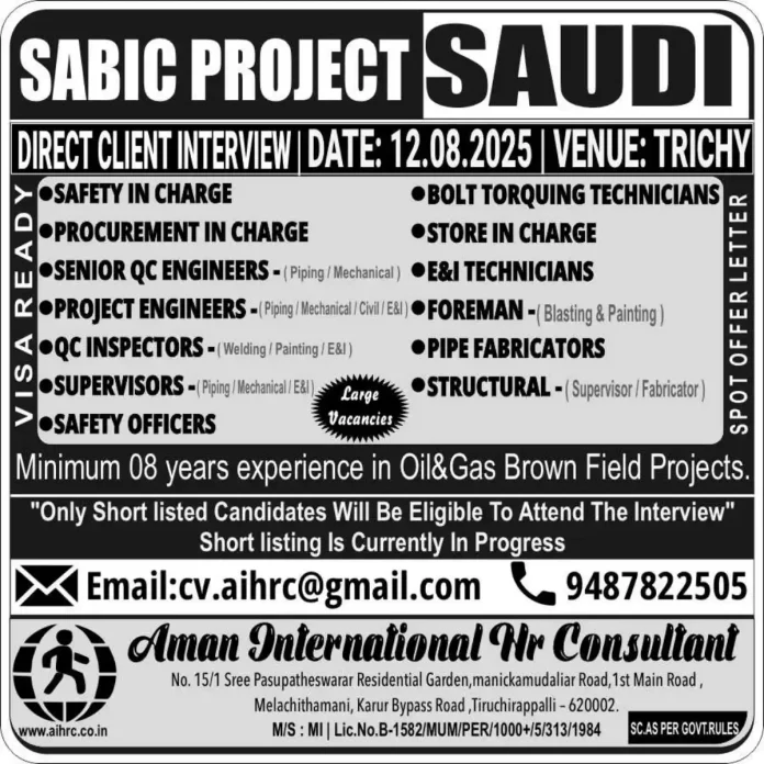 Job Vacancy in Saudi Arabia for Oil and Gas Projects