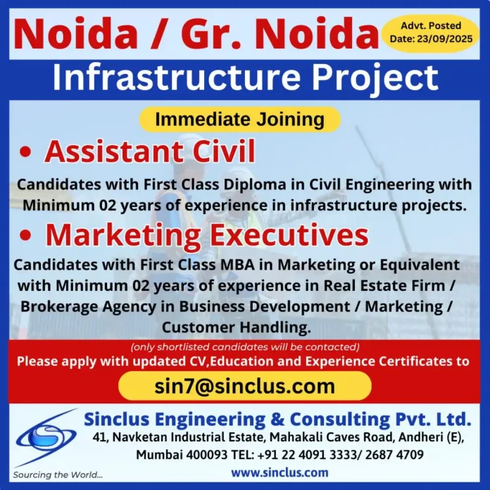 Career opportunities for civil engineering and marketing professionals in Noida infrastructure projects