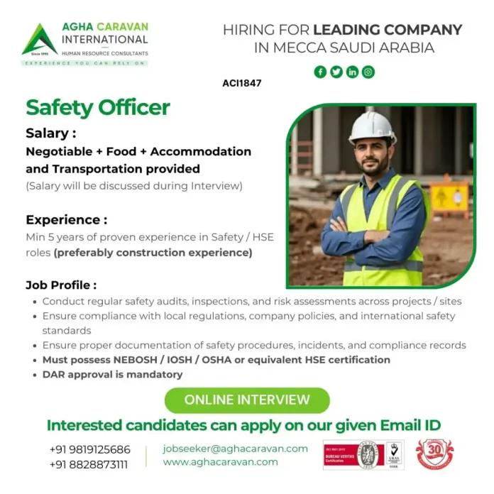 Safety Officer Career Opportunity in Mecca with AGHA CARAVAN