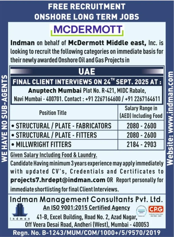 McDermott UAE Onshore Oil and Gas Project Recruitment