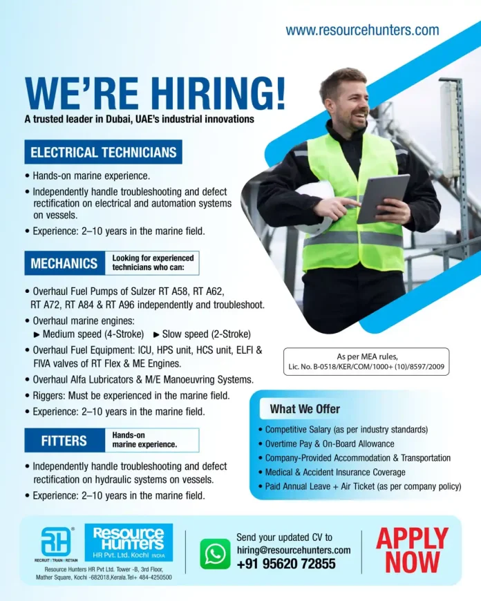 Marine technician working on ship electrical systems in Dubai