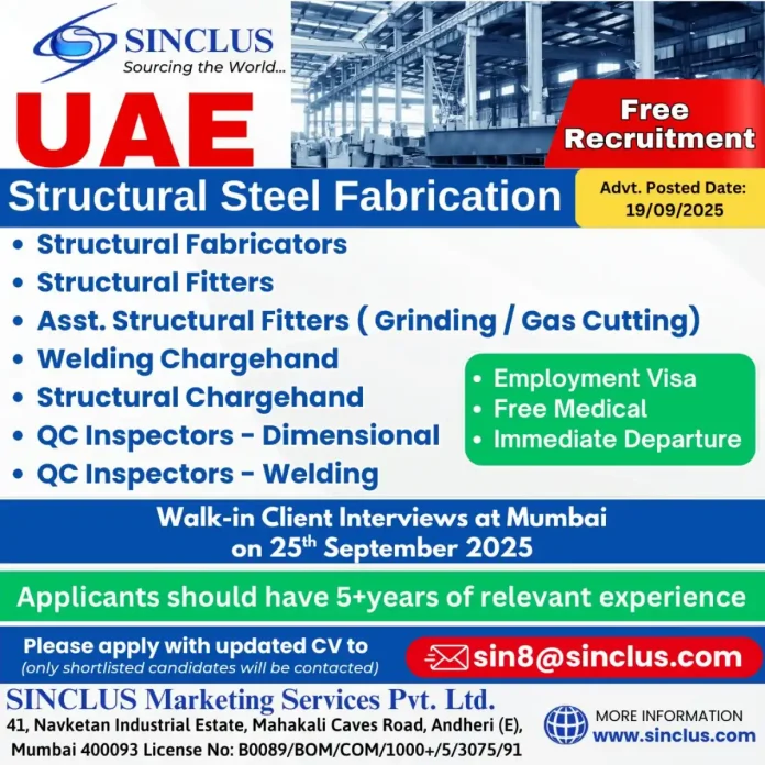 Structural Steel Fabrication Job Recruitment in UAE by SINCLUS