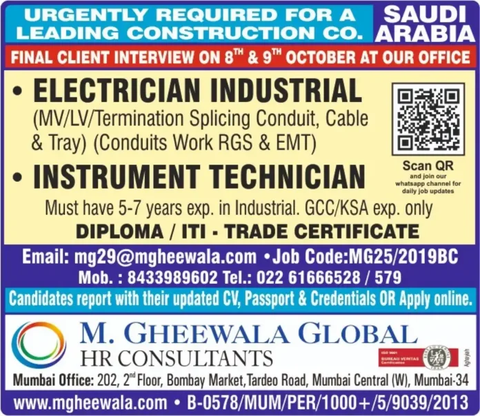 Industrial Electrician job opportunity in Saudi Arabia construction industry