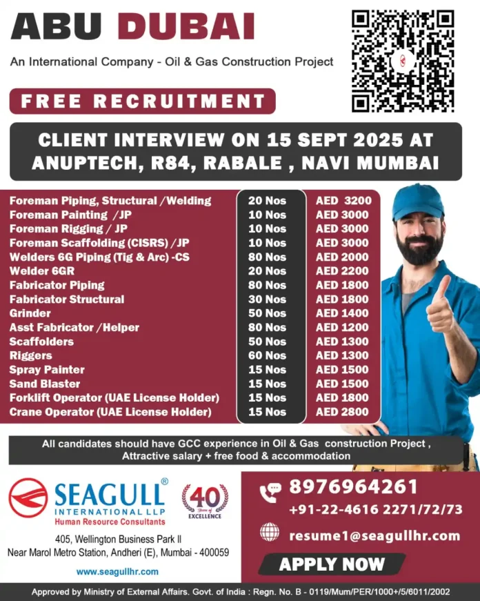 Oil and Gas Construction Jobs in Abu Dhabi with Free Recruitment