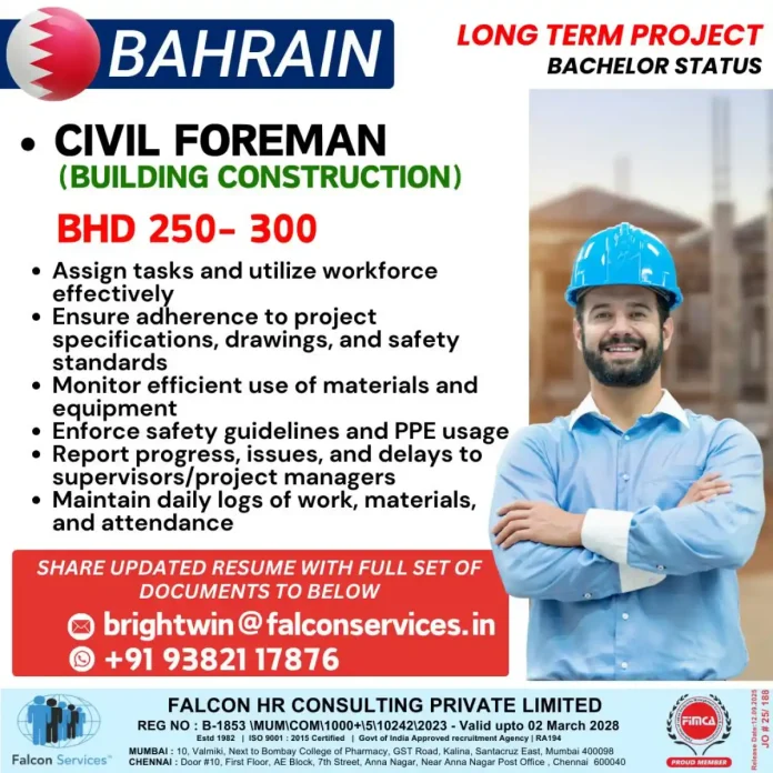 Civil Foreman supervising a building construction site in Bahrain