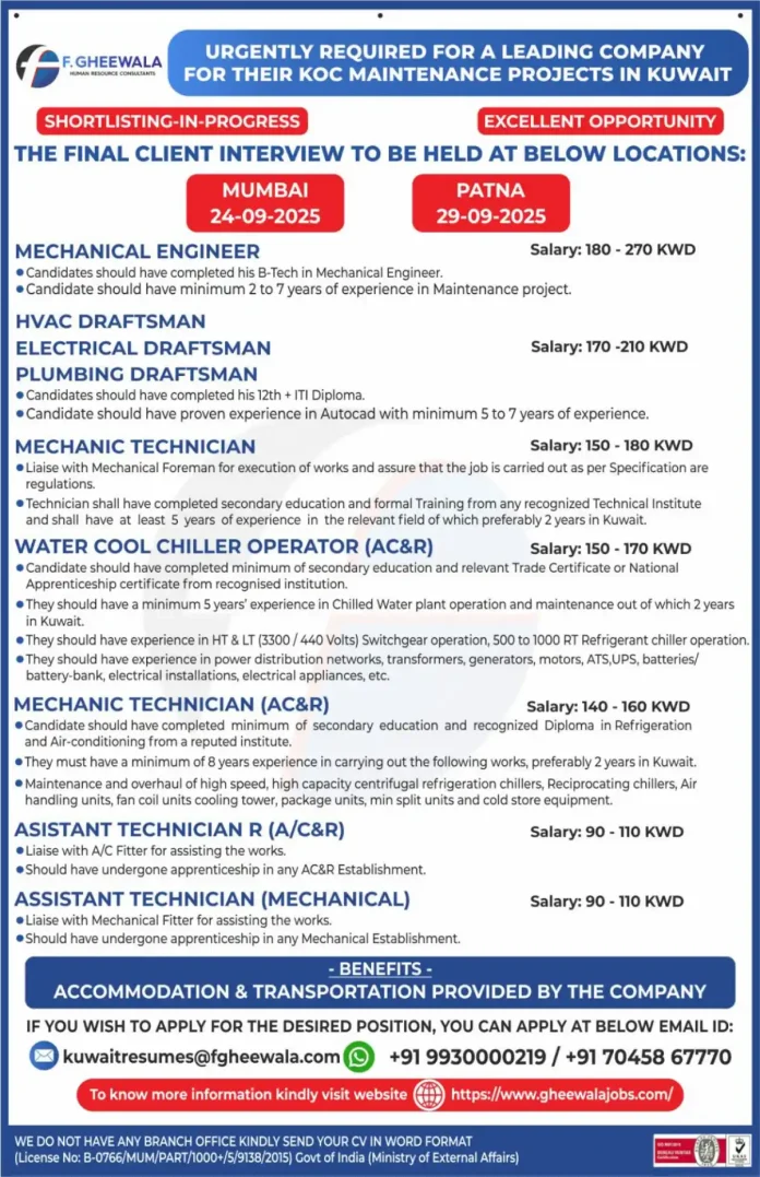 F. GHEEWALA Recruitment for Kuwait KOC Projects