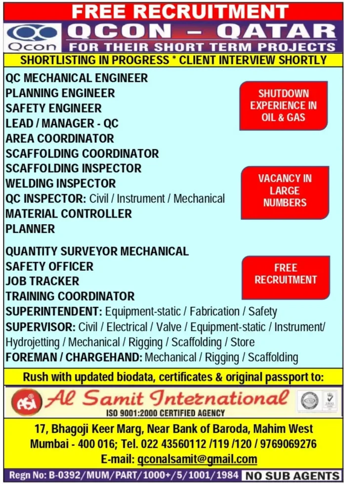QCON Qatar Recruitment Drive for Oil and Gas Jobs