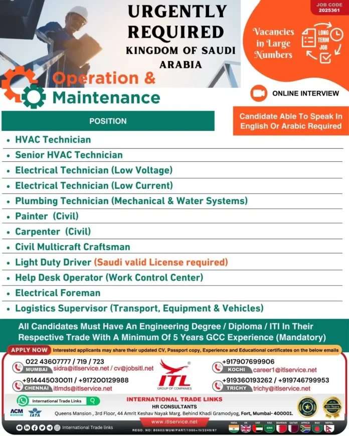 Technician job opportunities in Saudi Arabia with International Trade Links