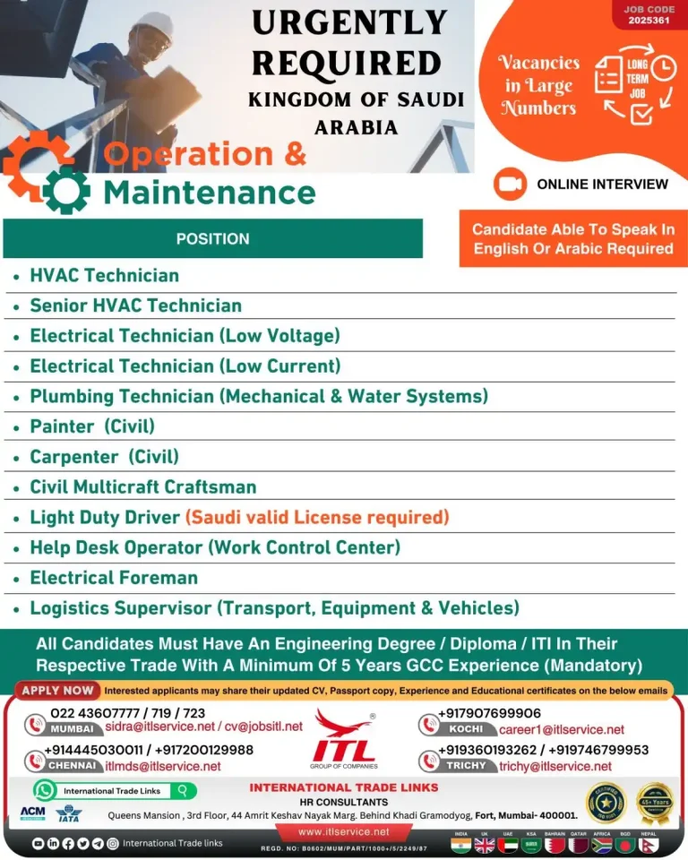 Urgently Required: Multiple Technician Positions in Kingdom of Saudi Arabia – GCC Experience Mandatory