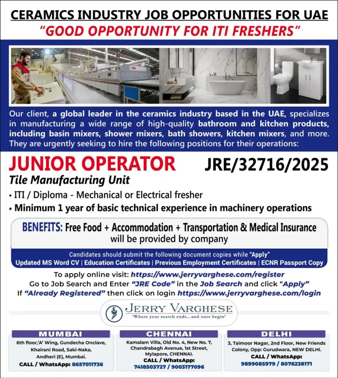 Junior Operator working in a ceramics manufacturing unit in UAE