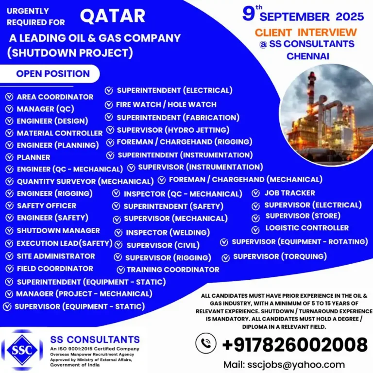 Urgently Required: Oil & Gas Shutdown Project Jobs in Qatar with Interview on September 9, 2025