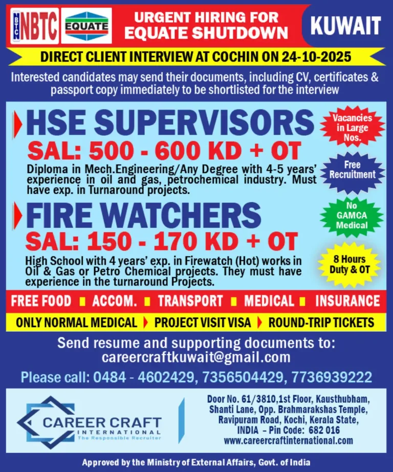 Urgent Hiring for EQUATE SHUTDOWN Kuwait – Direct Interview in Cochin on 24-10-2025