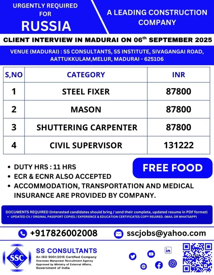 Construction job interview for Russia opportunities in Madurai
