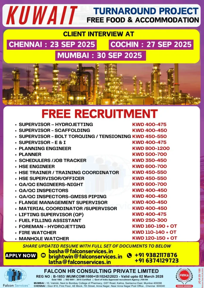 Falcon Services Kuwait Turnaround Project Recruitment