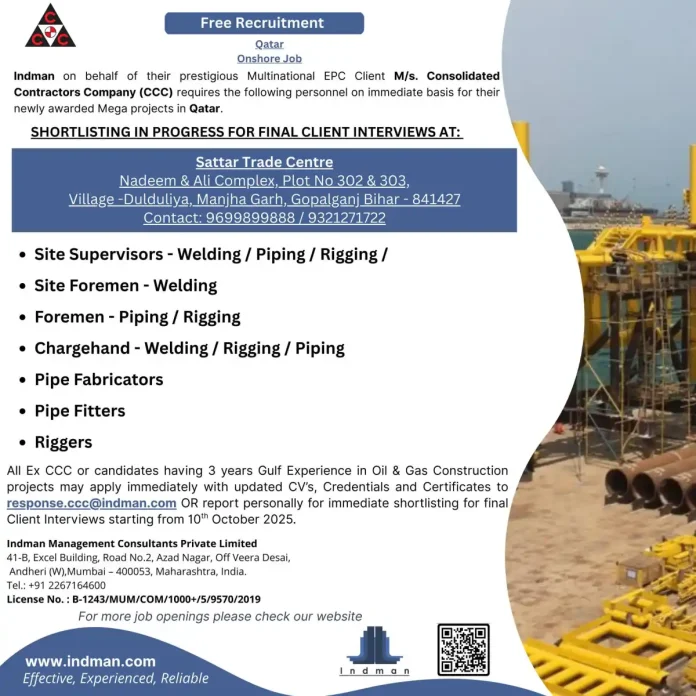 Recruitment for oil and gas construction jobs in Qatar with CCC