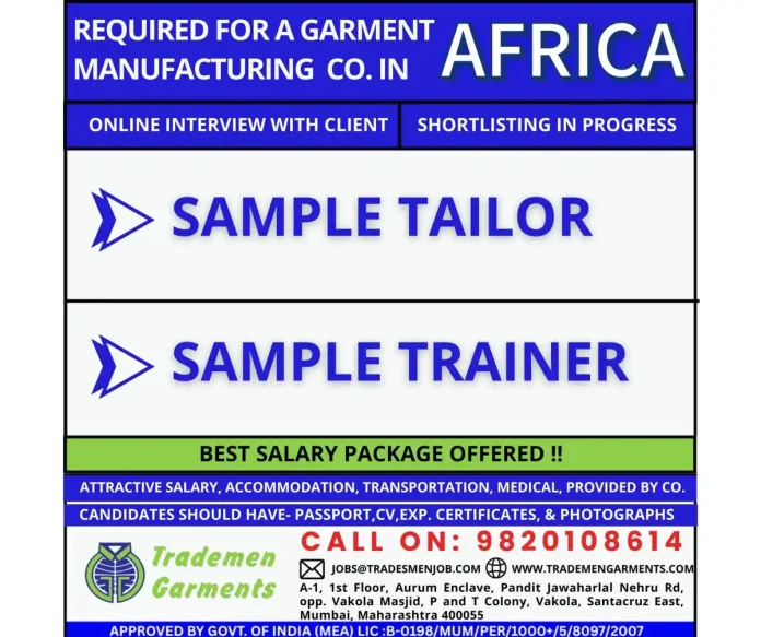 Sample Tailor Job Opportunity in Africa