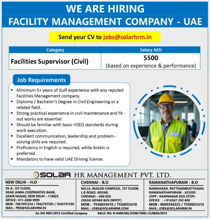 Facilities Supervisor Civil Engineering Job Opening in UAE