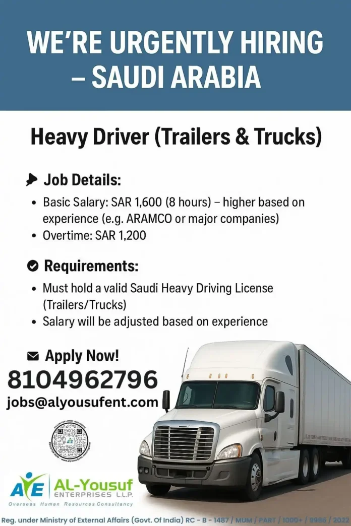 Heavy Driver Job Opportunity in Saudi Arabia with AL-Yousuf Enterprises