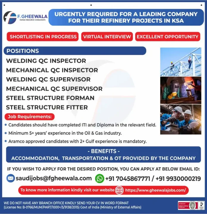 Job Recruitment for KSA Refinery Projects by F Gheewala