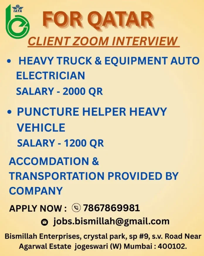 Recruitment for IATA certified jobs in Qatar for heavy vehicle roles