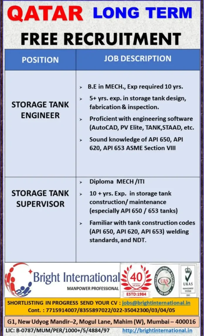 Recruitment for Storage Tank Engineer and Supervisor Positions in Qatar
