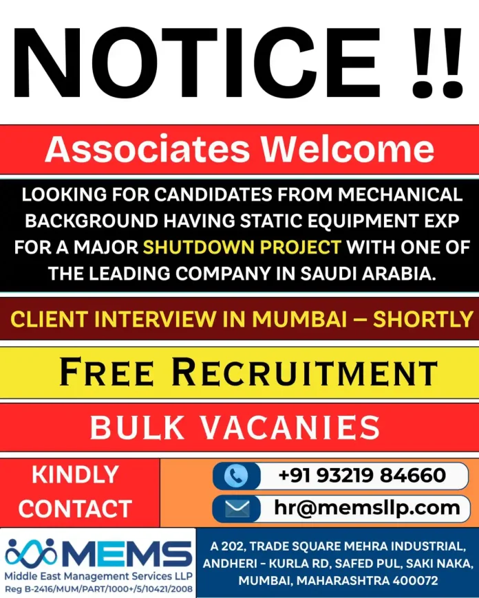 Mechanical Engineer Job Opportunity for Shutdown Project in Saudi Arabia
