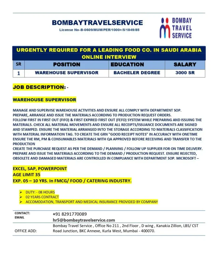 Warehouse Supervisor Job Opportunity in Saudi Arabia with Leading Food Company