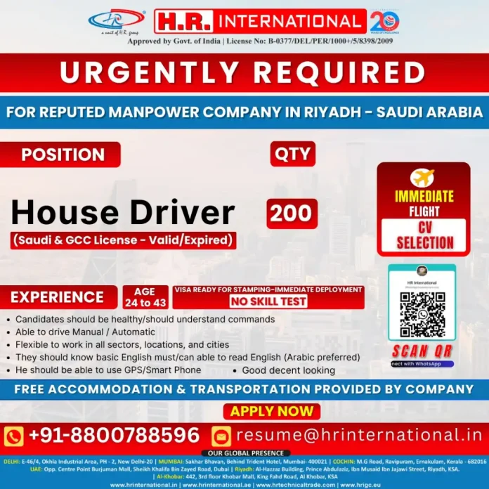 House Driver Career Opportunity in Riyadh Saudi Arabia with H.R. International