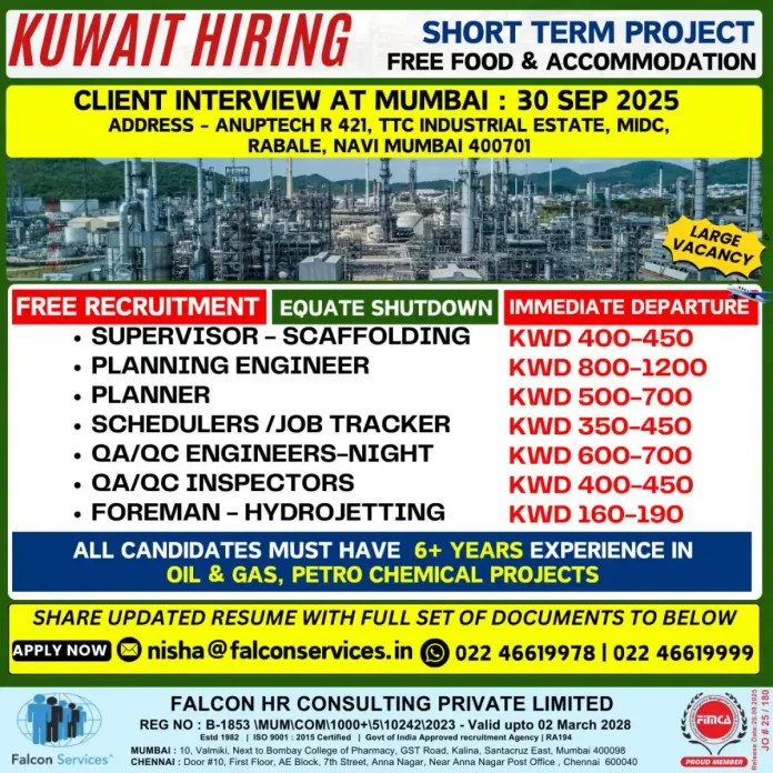 Falcon Services Kuwait Oil and Gas Recruitment 2025