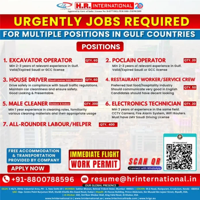 H.R. International Gulf Jobs Recruitment for Multiple Positions